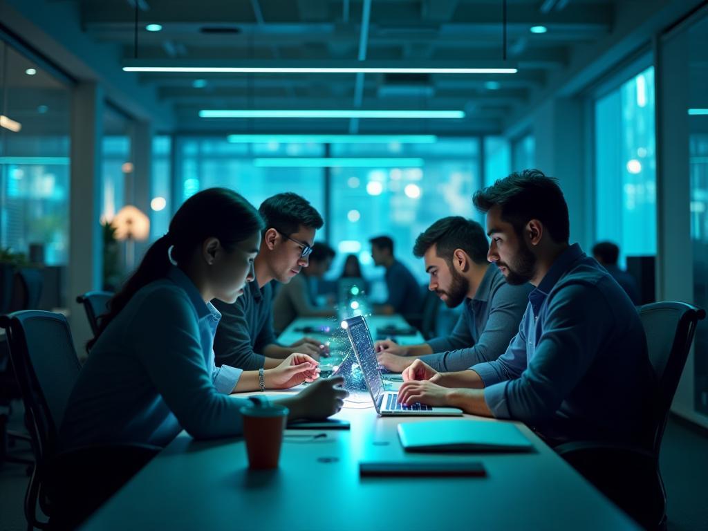 Foireann forbróirí ag obair le chéile i stiúideo teicneolaíochta