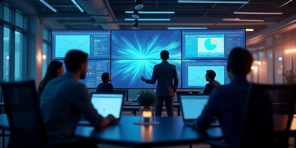 Foireann ag comhoibriú ar scáileáin mhóra